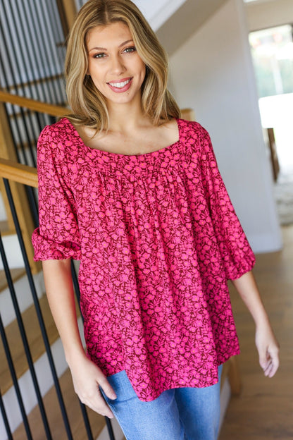 Perfectly You Fuchsia Floral Three Quarter Sleeve Square Neck Top - Bitsy Gypsy Boutique