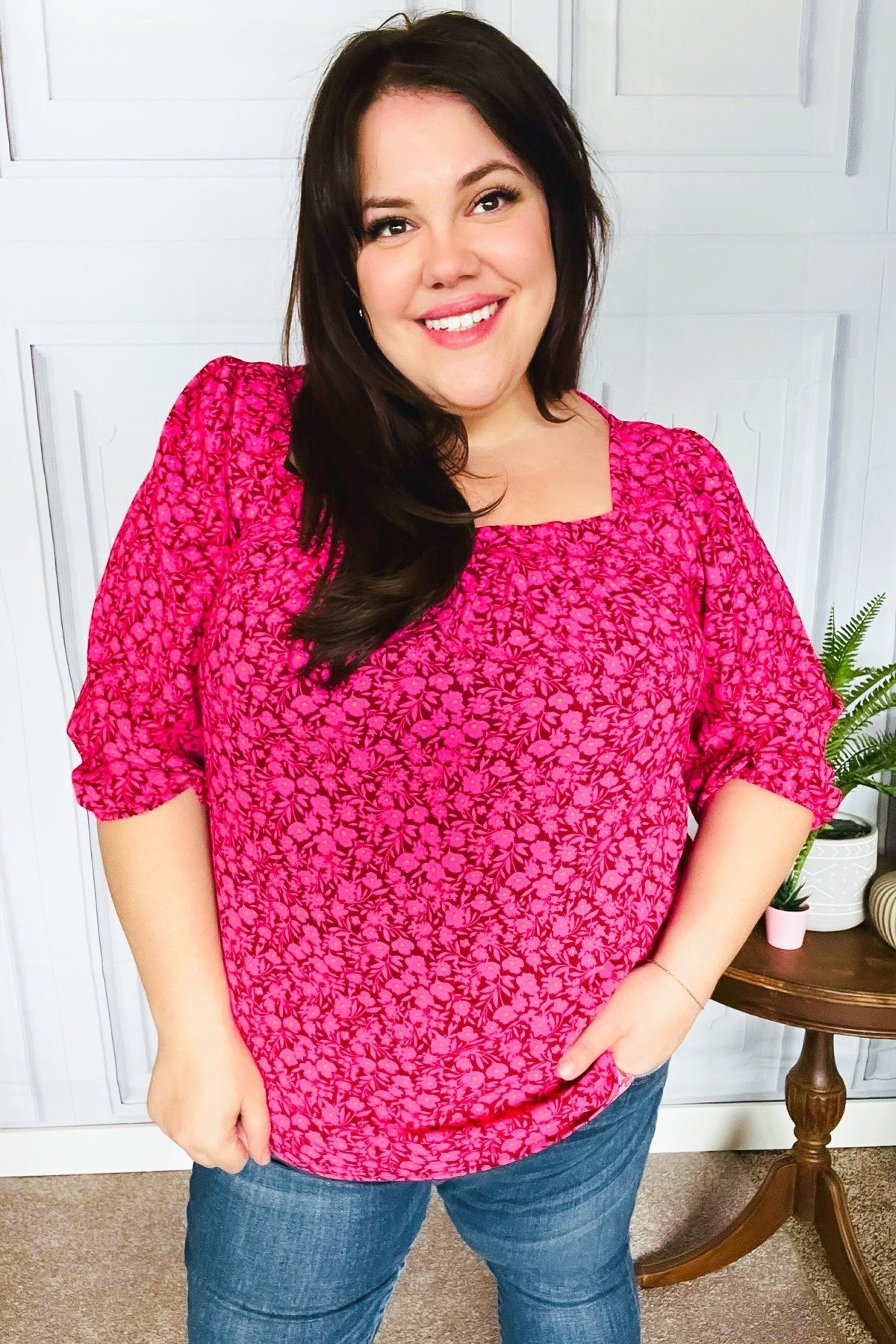 Perfectly You Fuchsia Floral Three Quarter Sleeve Square Neck Top - Bitsy Gypsy Boutique