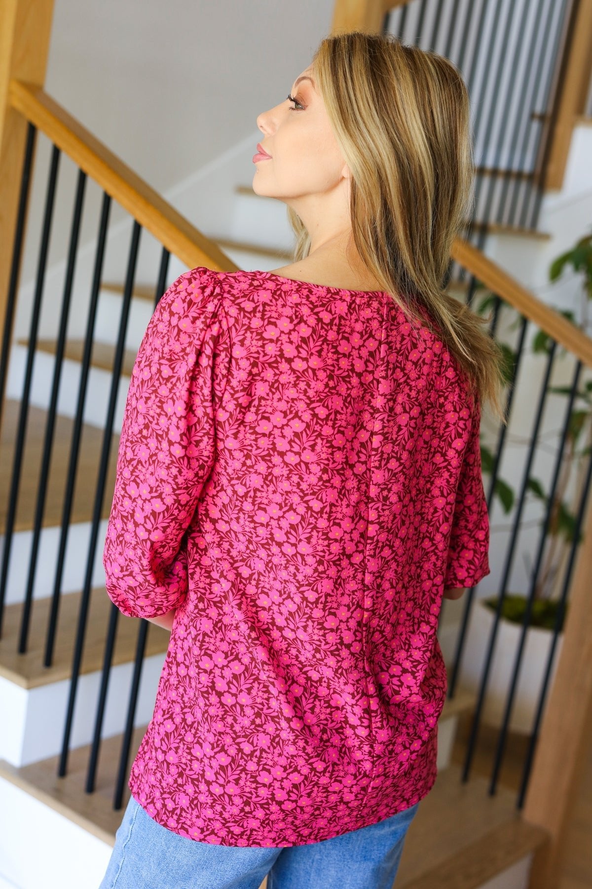 Perfectly You Fuchsia Floral Three Quarter Sleeve Square Neck Top - Bitsy Gypsy Boutique