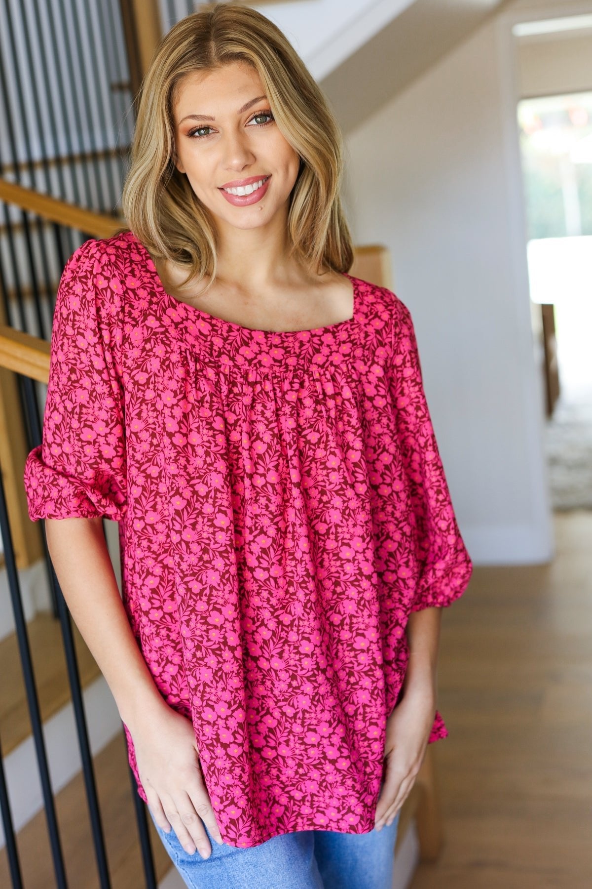 Perfectly You Fuchsia Floral Three Quarter Sleeve Square Neck Top - Bitsy Gypsy Boutique