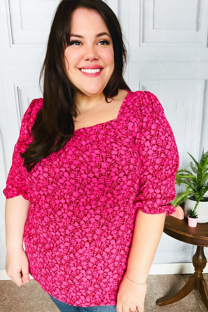 Perfectly You Fuchsia Floral Three Quarter Sleeve Square Neck Top - Bitsy Gypsy Boutique