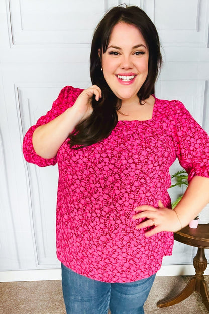 Perfectly You Fuchsia Floral Three Quarter Sleeve Square Neck Top - Bitsy Gypsy Boutique