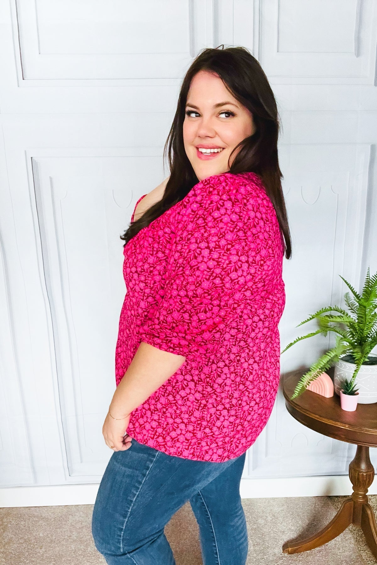 Perfectly You Fuchsia Floral Three Quarter Sleeve Square Neck Top - Bitsy Gypsy Boutique