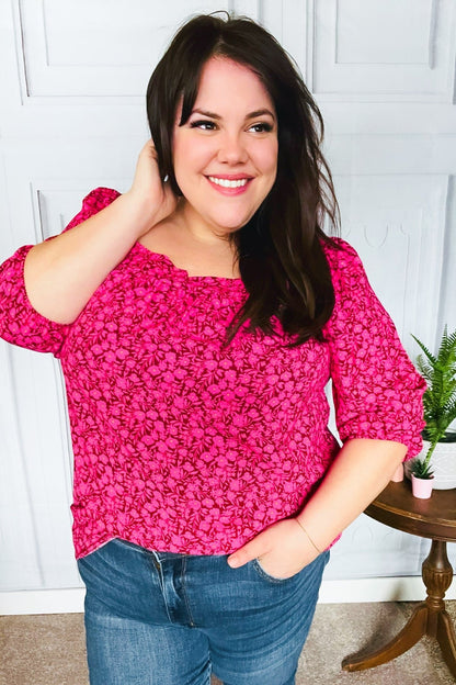 Perfectly You Fuchsia Floral Three Quarter Sleeve Square Neck Top - Bitsy Gypsy Boutique