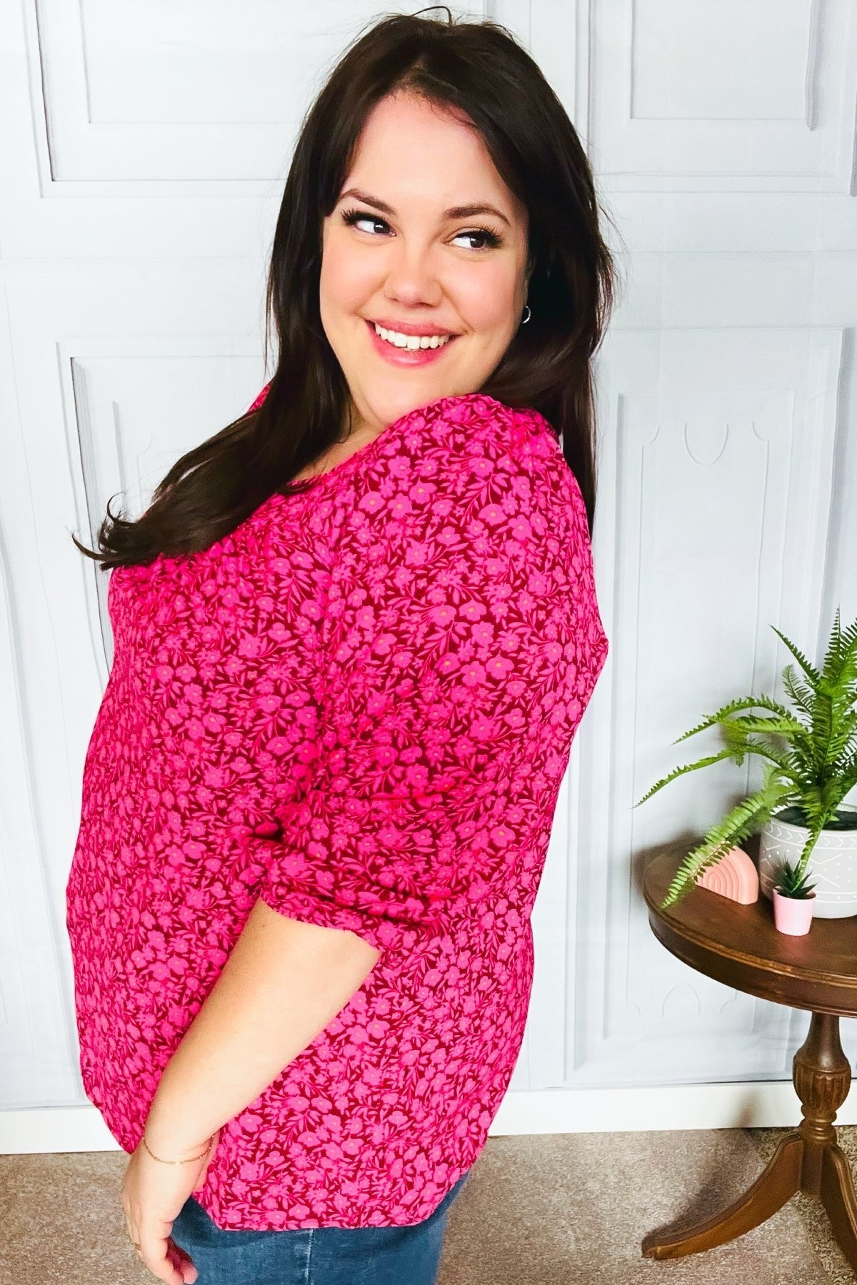 Perfectly You Fuchsia Floral Three Quarter Sleeve Square Neck Top - Bitsy Gypsy Boutique