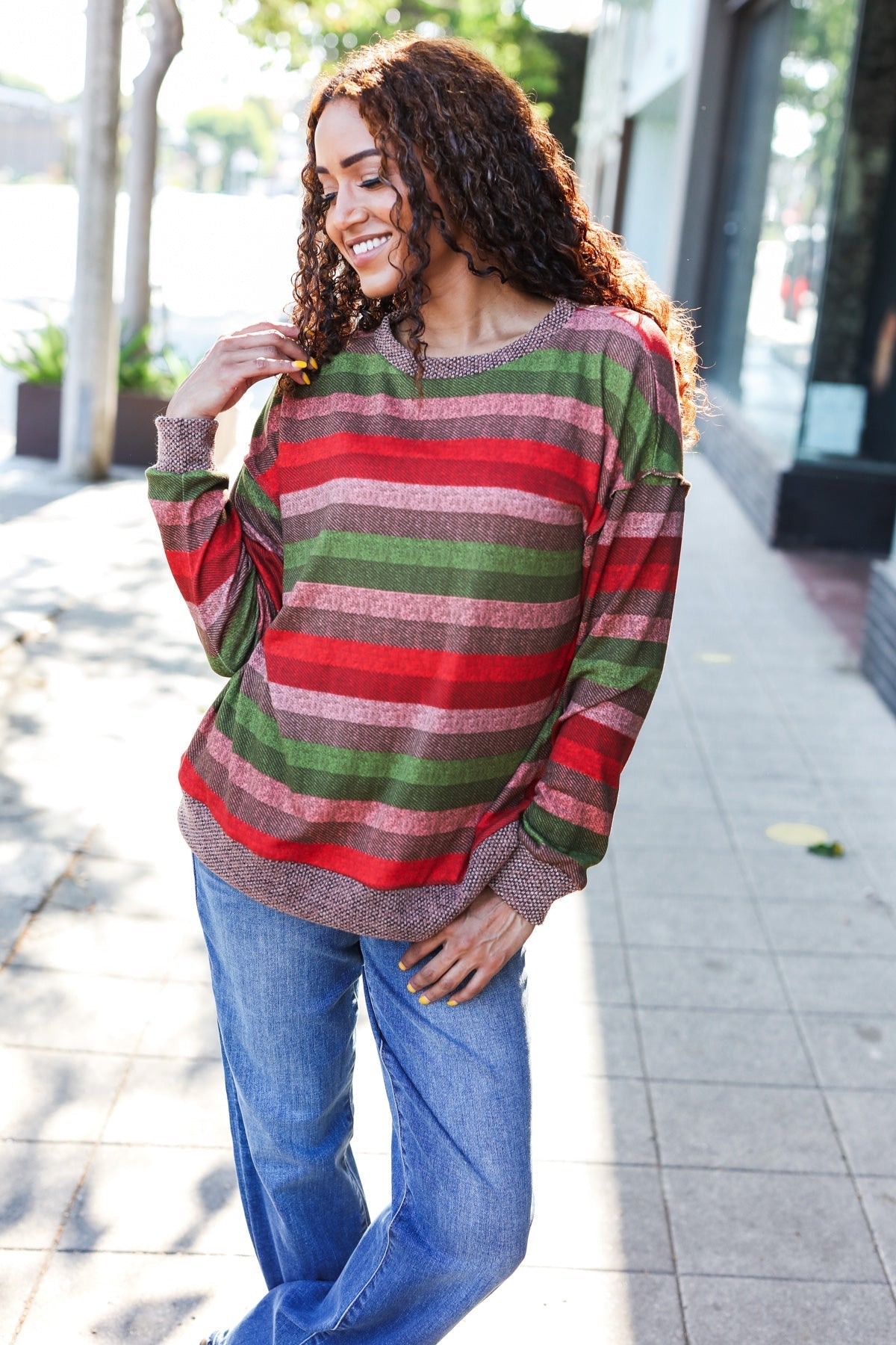 Perfectly You Olive & Mauve Stripe Two-Tone Banded Sweater Top - Bitsy Gypsy Boutique