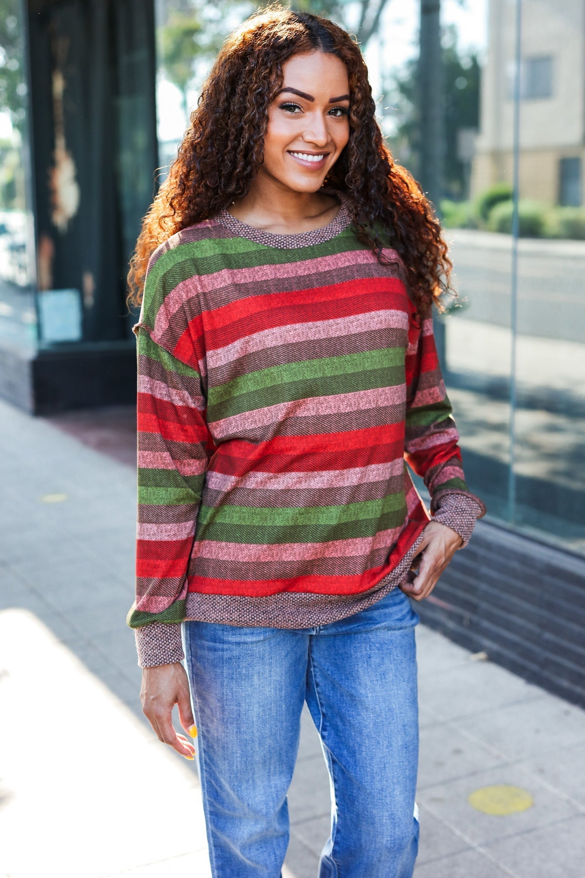 Perfectly You Olive & Mauve Stripe Two-Tone Banded Sweater Top - Bitsy Gypsy Boutique