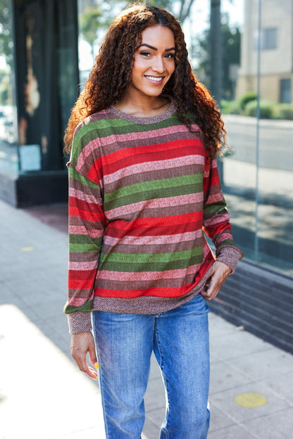 Perfectly You Olive & Mauve Stripe Two-Tone Banded Sweater Top - Bitsy Gypsy Boutique
