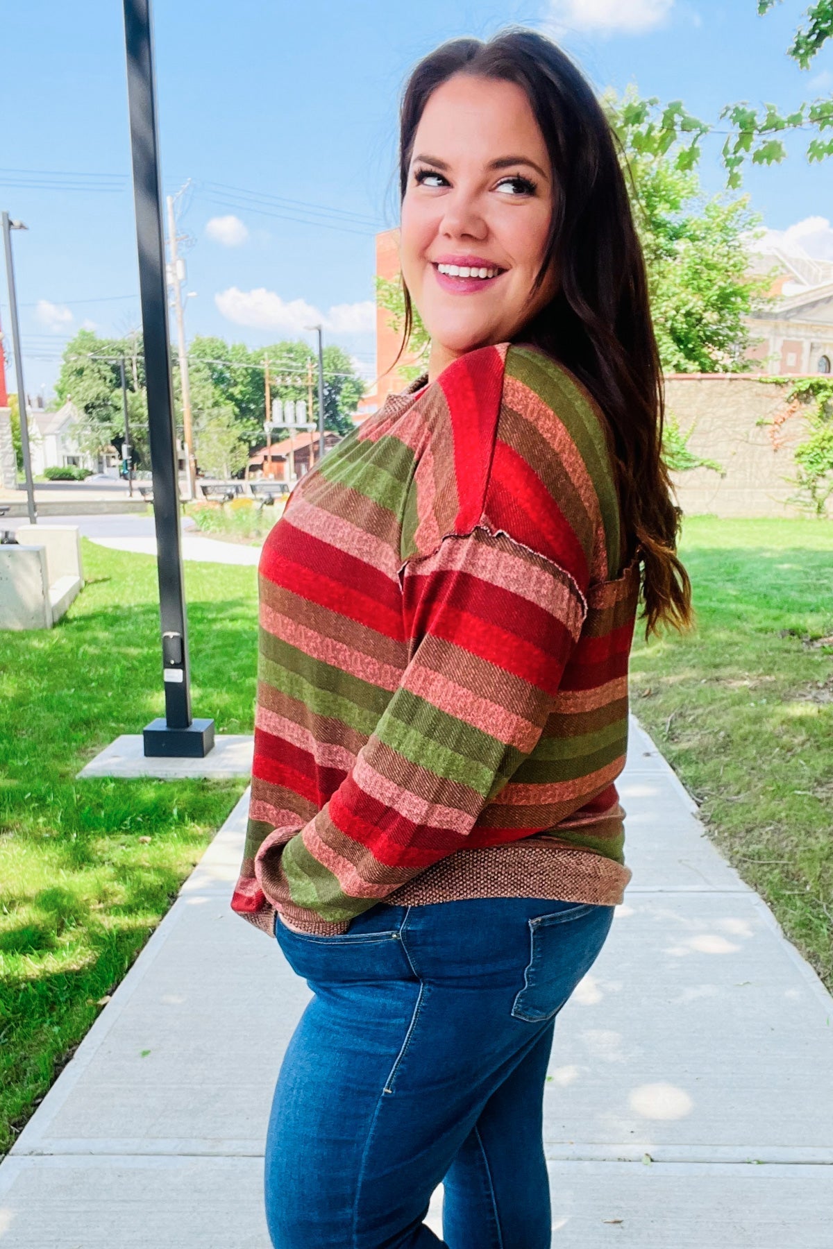Perfectly You Olive & Mauve Stripe Two-Tone Banded Sweater Top - Bitsy Gypsy Boutique