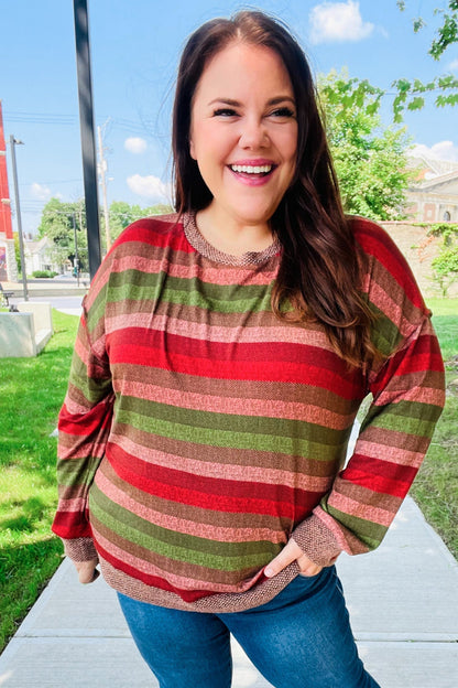 Perfectly You Olive & Mauve Stripe Two-Tone Banded Sweater Top - Bitsy Gypsy Boutique