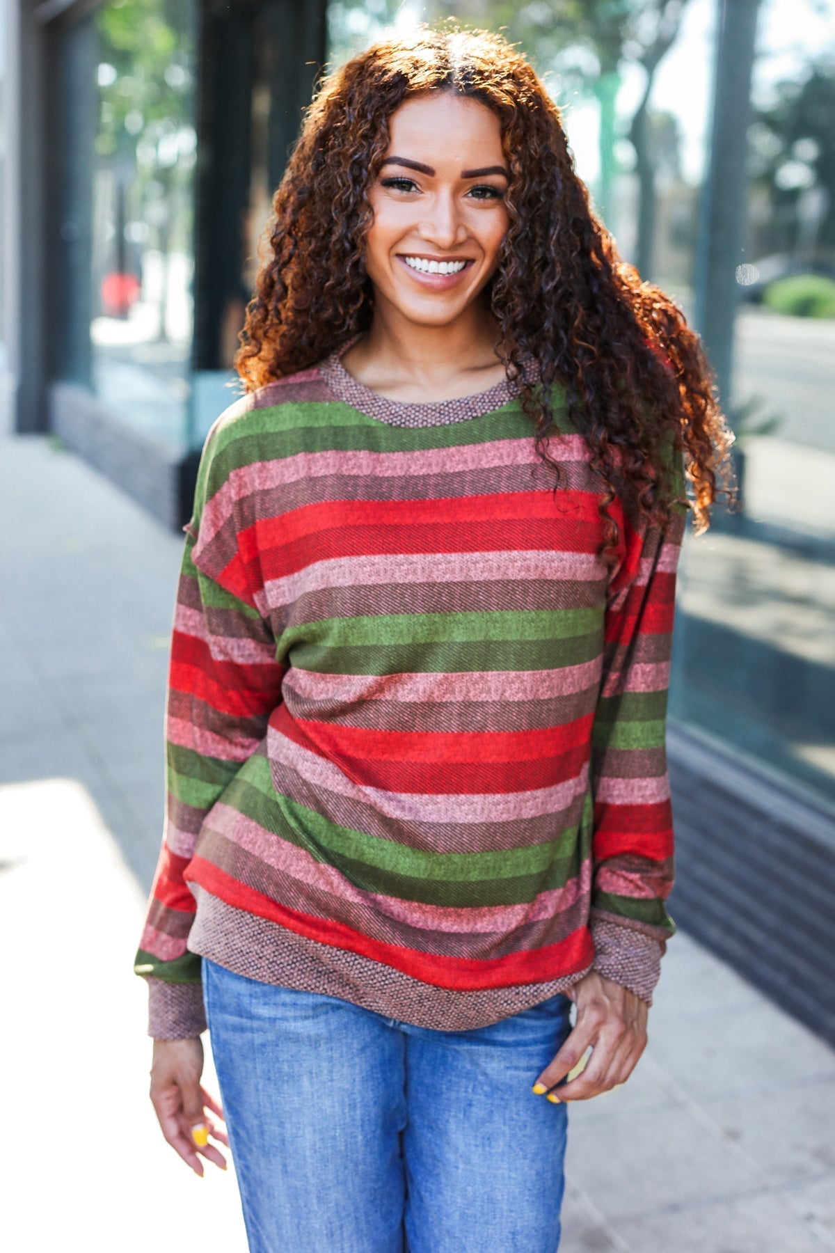 Perfectly You Olive & Mauve Stripe Two-Tone Banded Sweater Top - Bitsy Gypsy Boutique