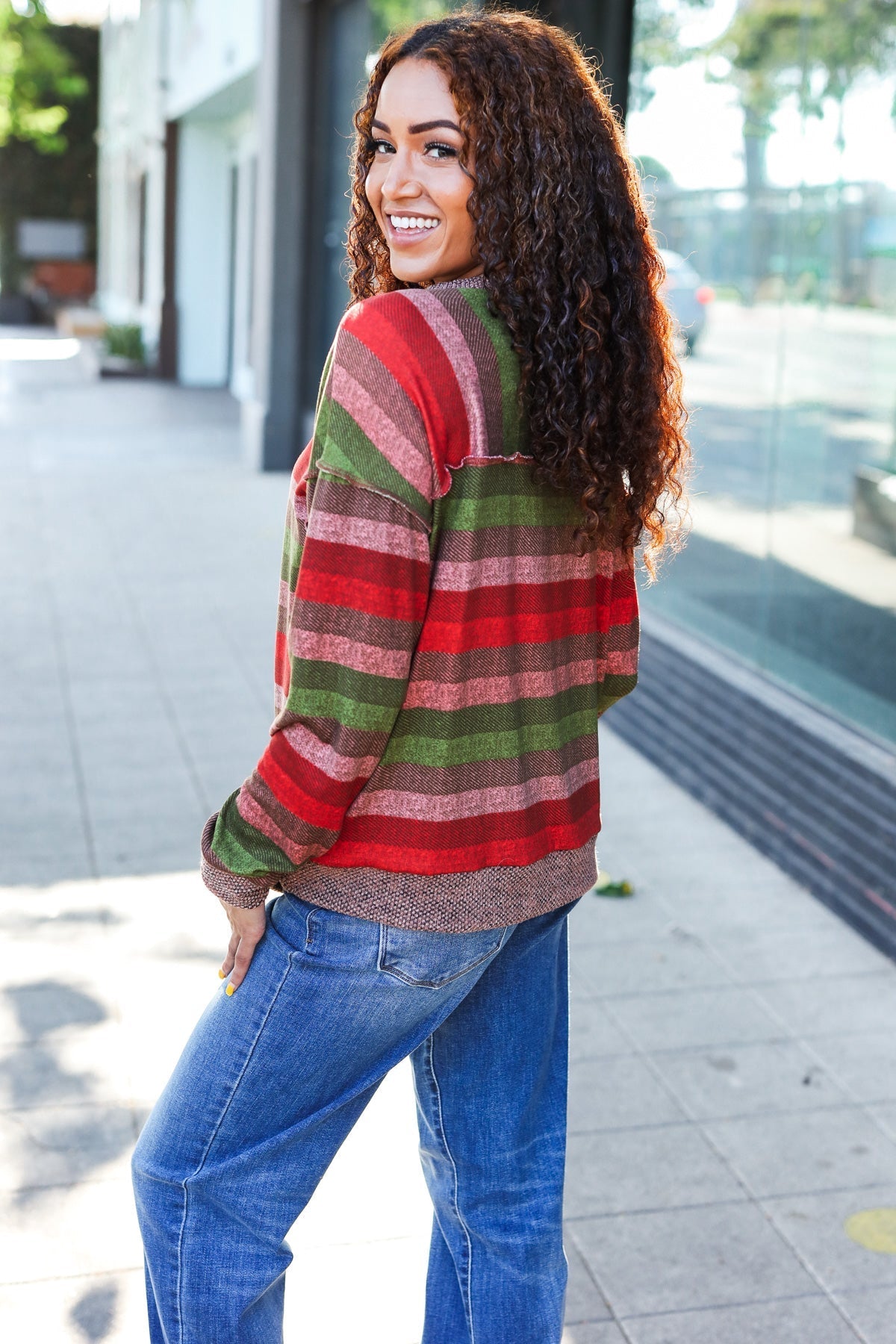 Perfectly You Olive & Mauve Stripe Two-Tone Banded Sweater Top - Bitsy Gypsy Boutique