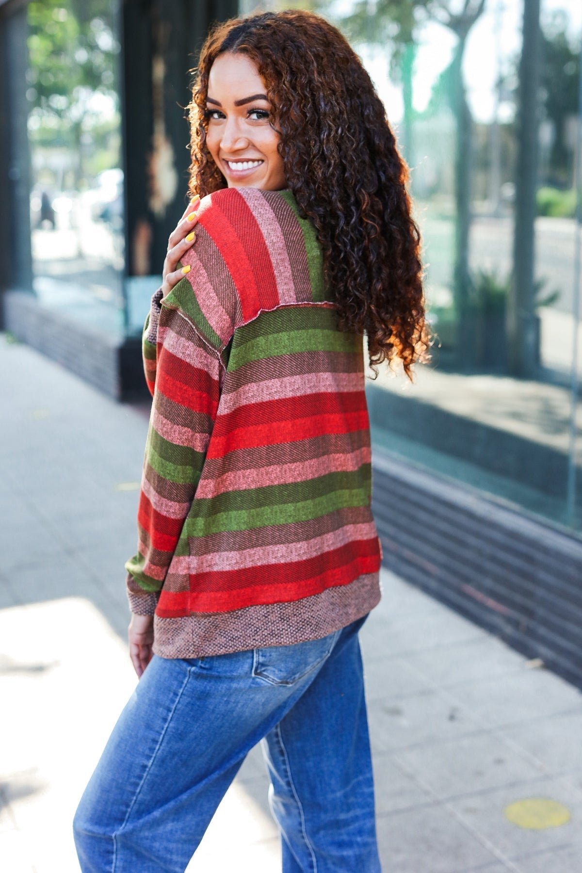 Perfectly You Olive & Mauve Stripe Two-Tone Banded Sweater Top - Bitsy Gypsy Boutique