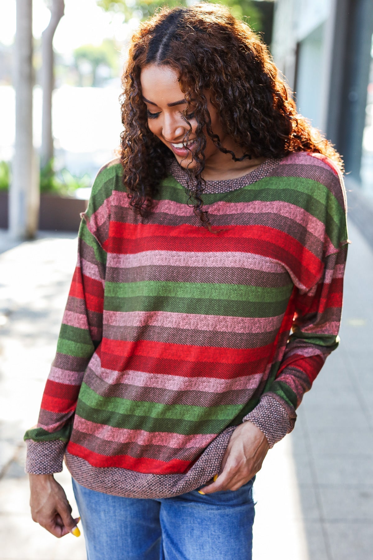 Perfectly You Olive & Mauve Stripe Two-Tone Banded Sweater Top - Bitsy Gypsy Boutique
