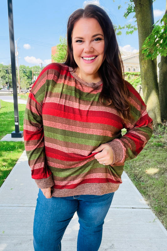 Perfectly You Olive & Mauve Stripe Two-Tone Banded Sweater Top - Bitsy Gypsy Boutique