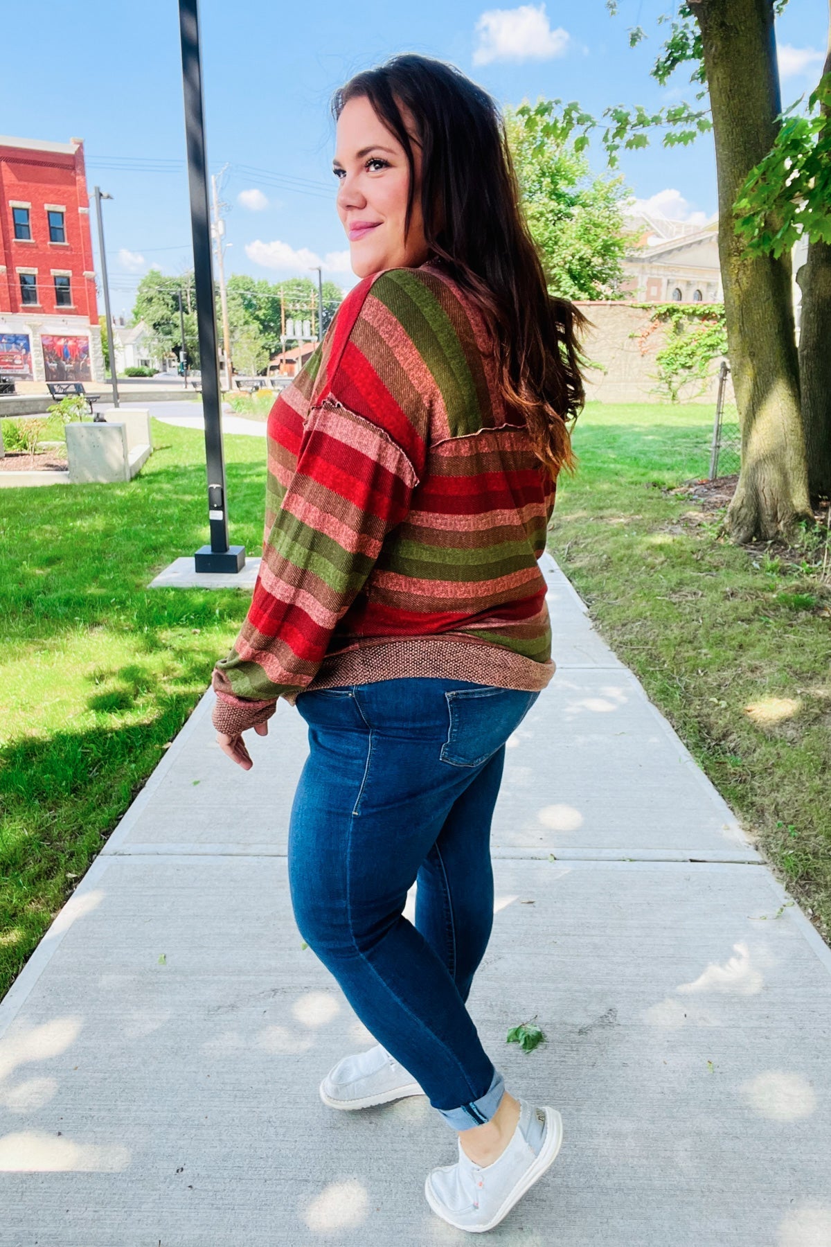 Perfectly You Olive & Mauve Stripe Two-Tone Banded Sweater Top - Bitsy Gypsy Boutique