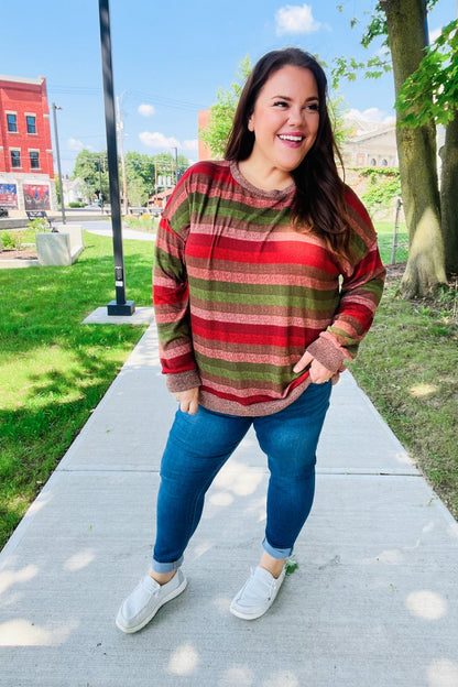 Perfectly You Olive & Mauve Stripe Two-Tone Banded Sweater Top - Bitsy Gypsy Boutique