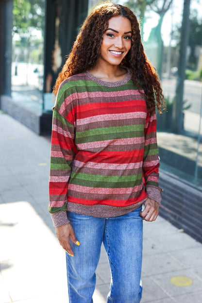Perfectly You Olive & Mauve Stripe Two-Tone Banded Sweater Top - Bitsy Gypsy Boutique
