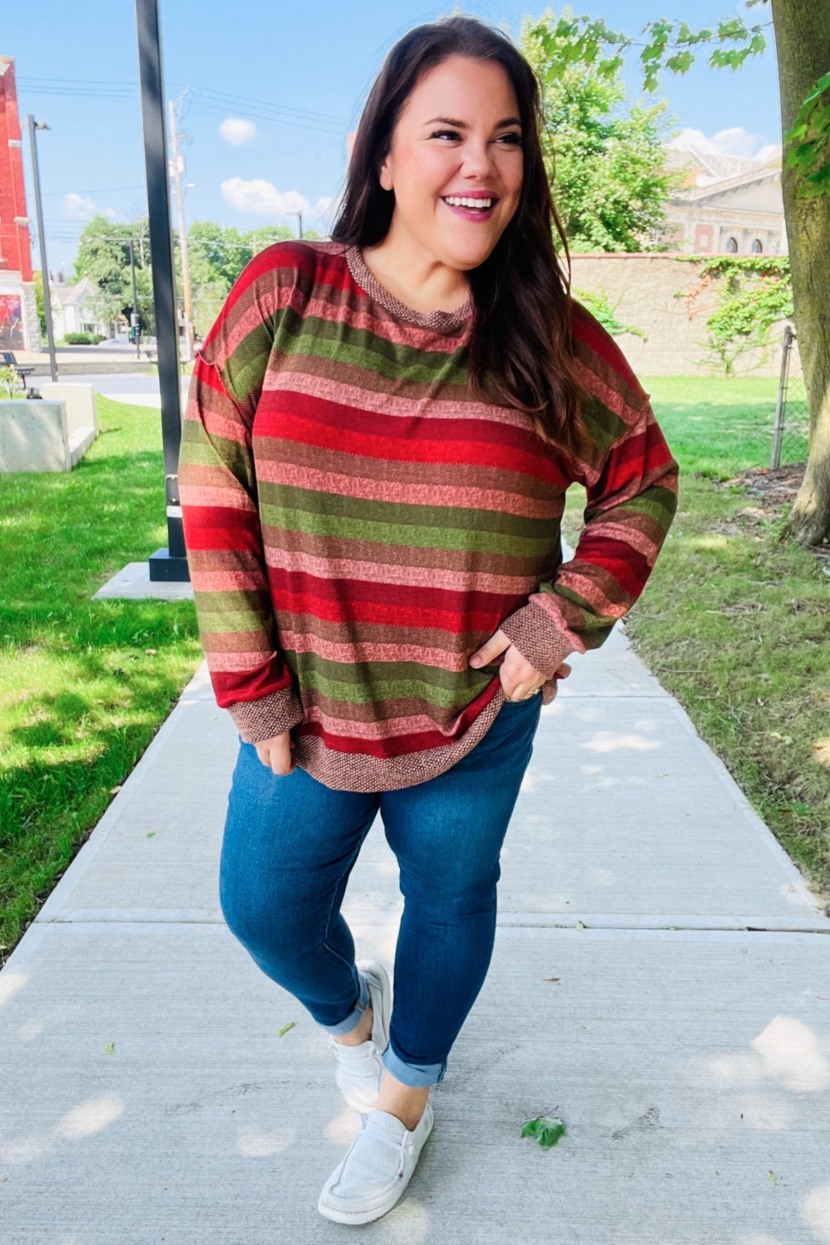 Perfectly You Olive & Mauve Stripe Two-Tone Banded Sweater Top - Bitsy Gypsy Boutique