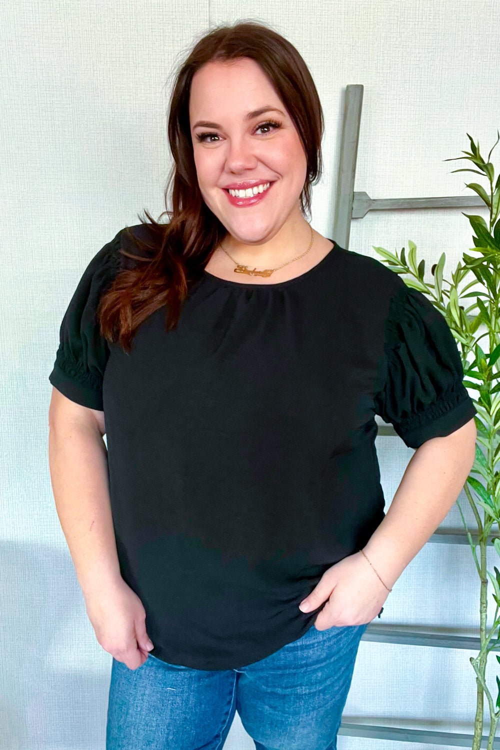 Perfectly You Solid Black Silk Shirred Cap Short Sleeve Blouse - Bitsy Gypsy Boutique