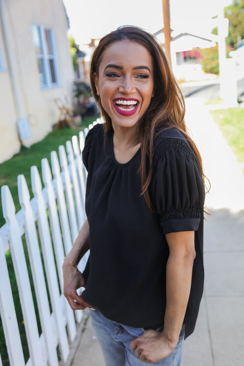 Perfectly You Solid Black Silk Shirred Cap Short Sleeve Blouse - Bitsy Gypsy Boutique