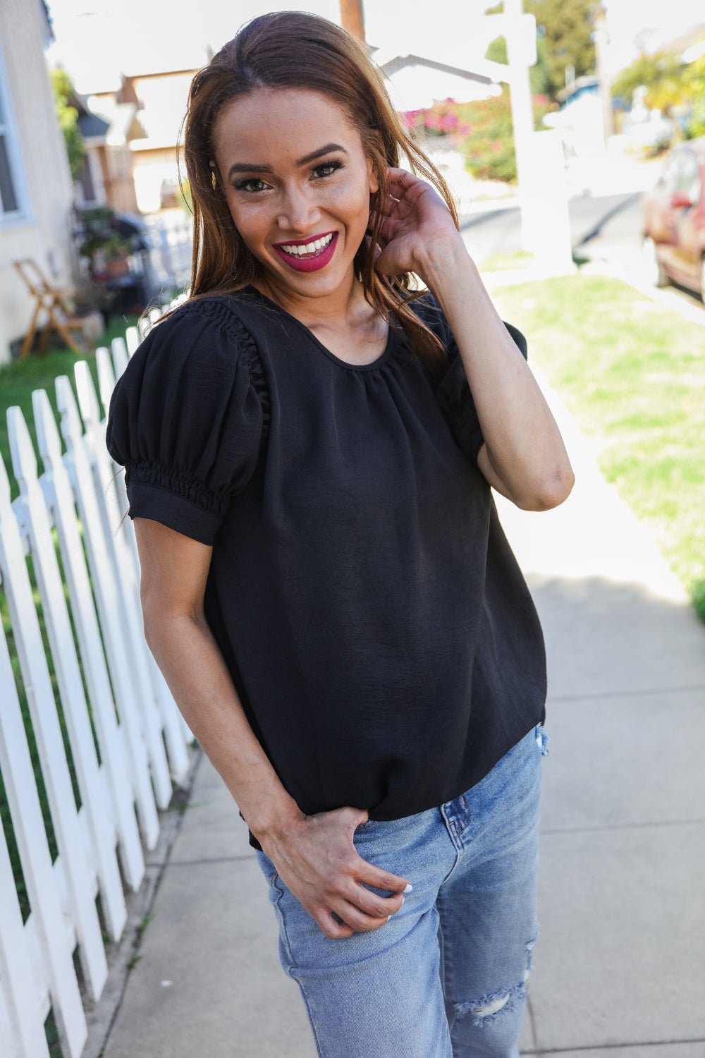 Perfectly You Solid Black Silk Shirred Cap Short Sleeve Blouse - Bitsy Gypsy Boutique