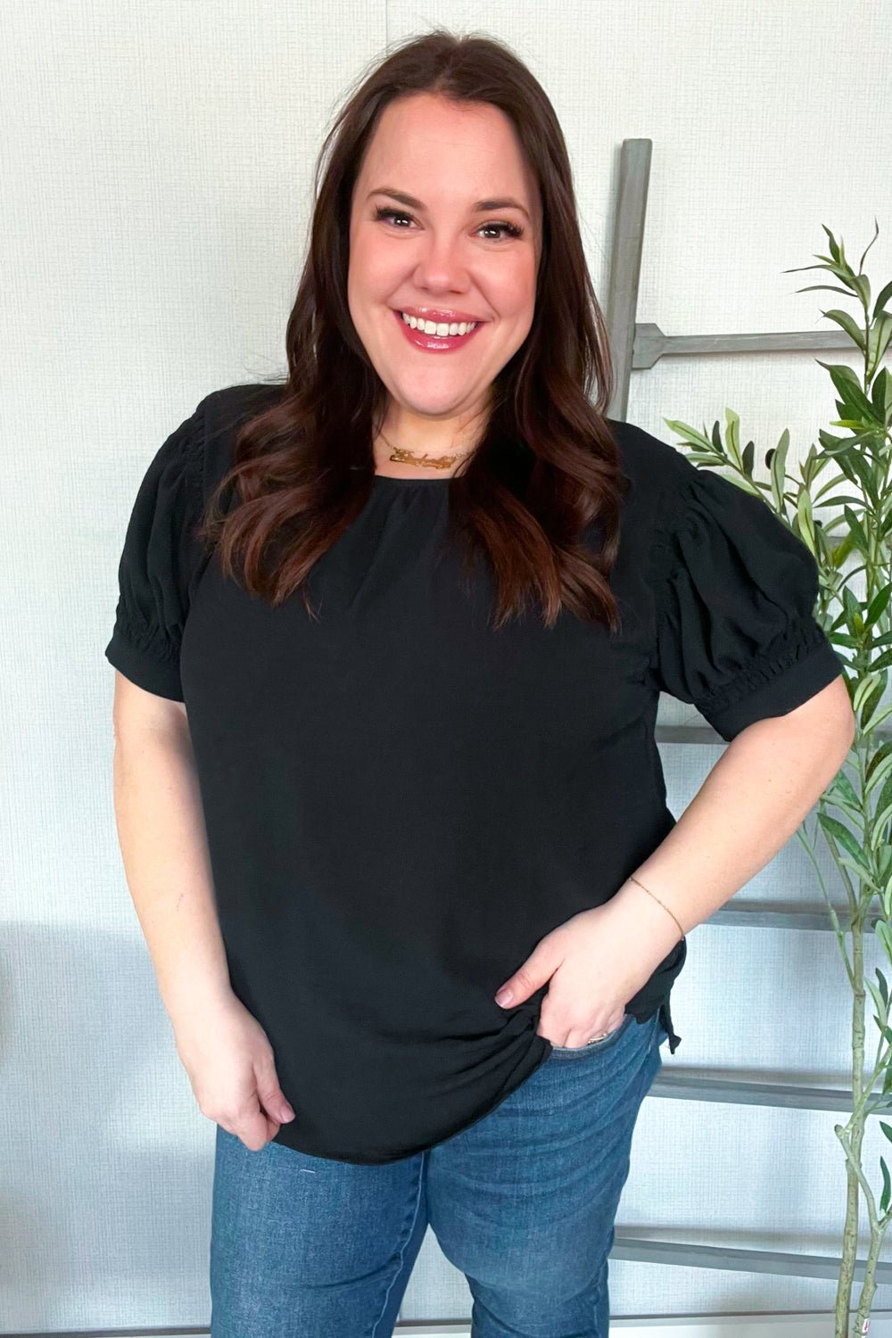 Perfectly You Solid Black Silk Shirred Cap Short Sleeve Blouse - Bitsy Gypsy Boutique