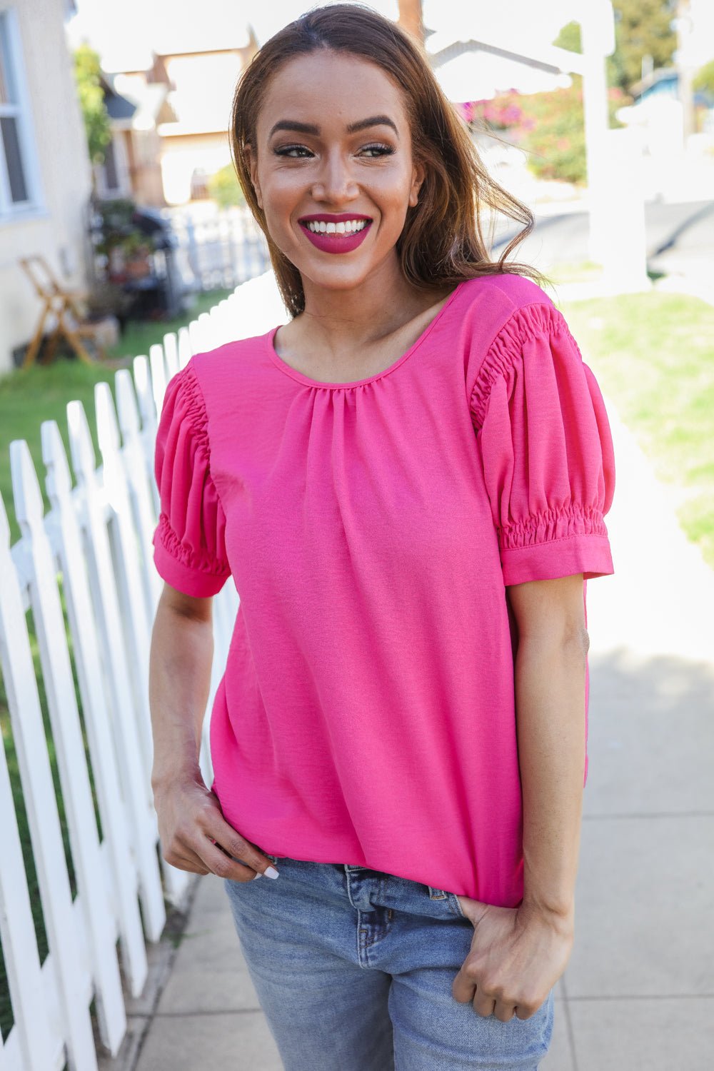 Perfectly You Solid Fuchsia Silk Shirred Cap Short Sleeve Blouse - Bitsy Gypsy Boutique