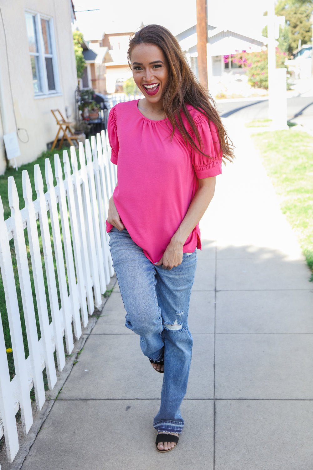 Perfectly You Solid Fuchsia Silk Shirred Cap Short Sleeve Blouse - Bitsy Gypsy Boutique