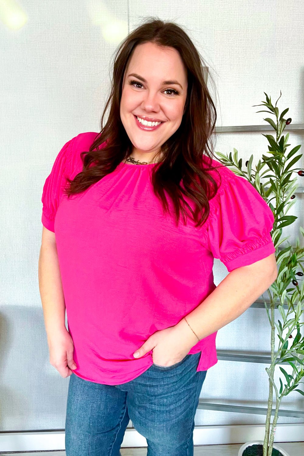 Perfectly You Solid Fuchsia Silk Shirred Cap Short Sleeve Blouse - Bitsy Gypsy Boutique