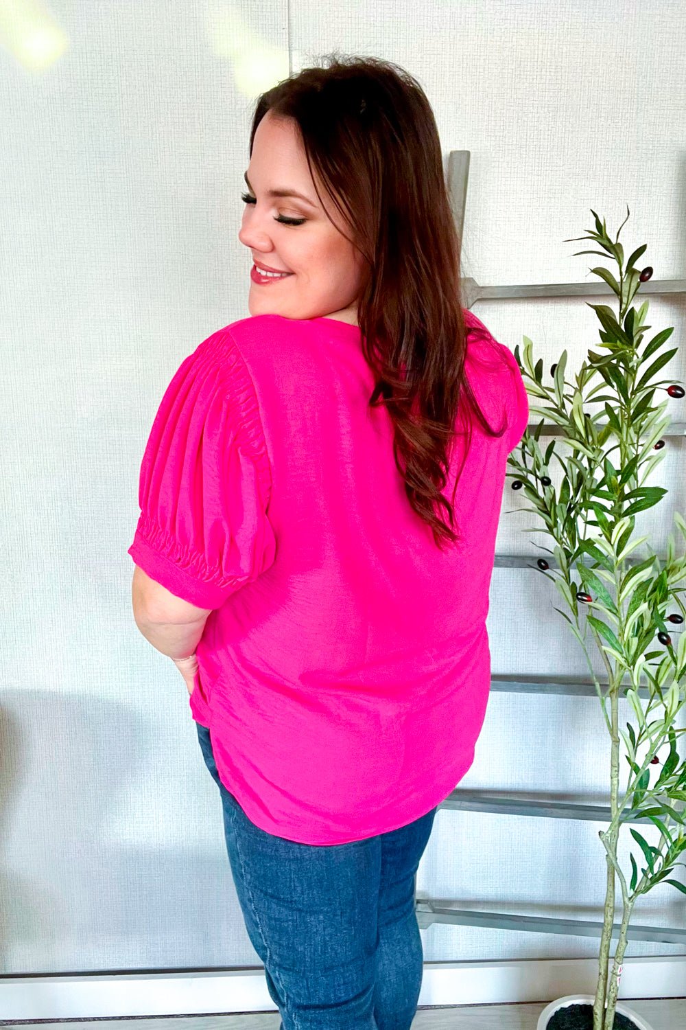 Perfectly You Solid Fuchsia Silk Shirred Cap Short Sleeve Blouse - Bitsy Gypsy Boutique