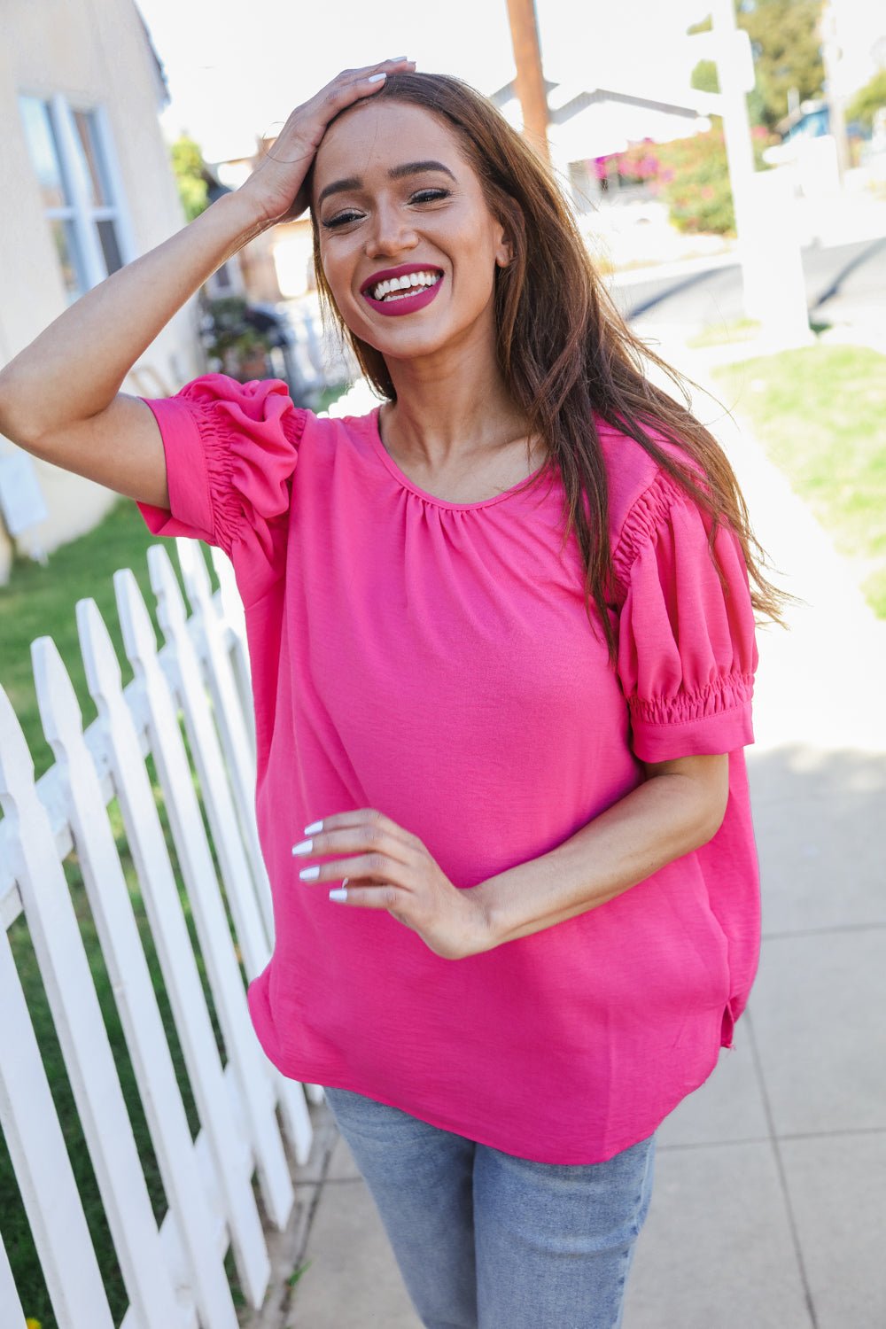 Perfectly You Solid Fuchsia Silk Shirred Cap Short Sleeve Blouse - Bitsy Gypsy Boutique