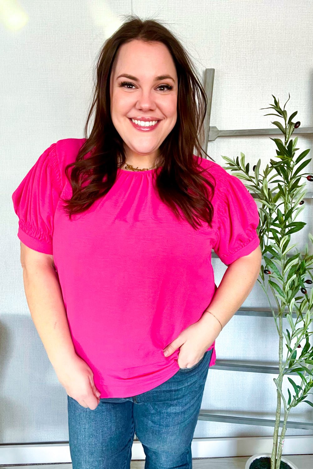 Perfectly You Solid Fuchsia Silk Shirred Cap Short Sleeve Blouse - Bitsy Gypsy Boutique