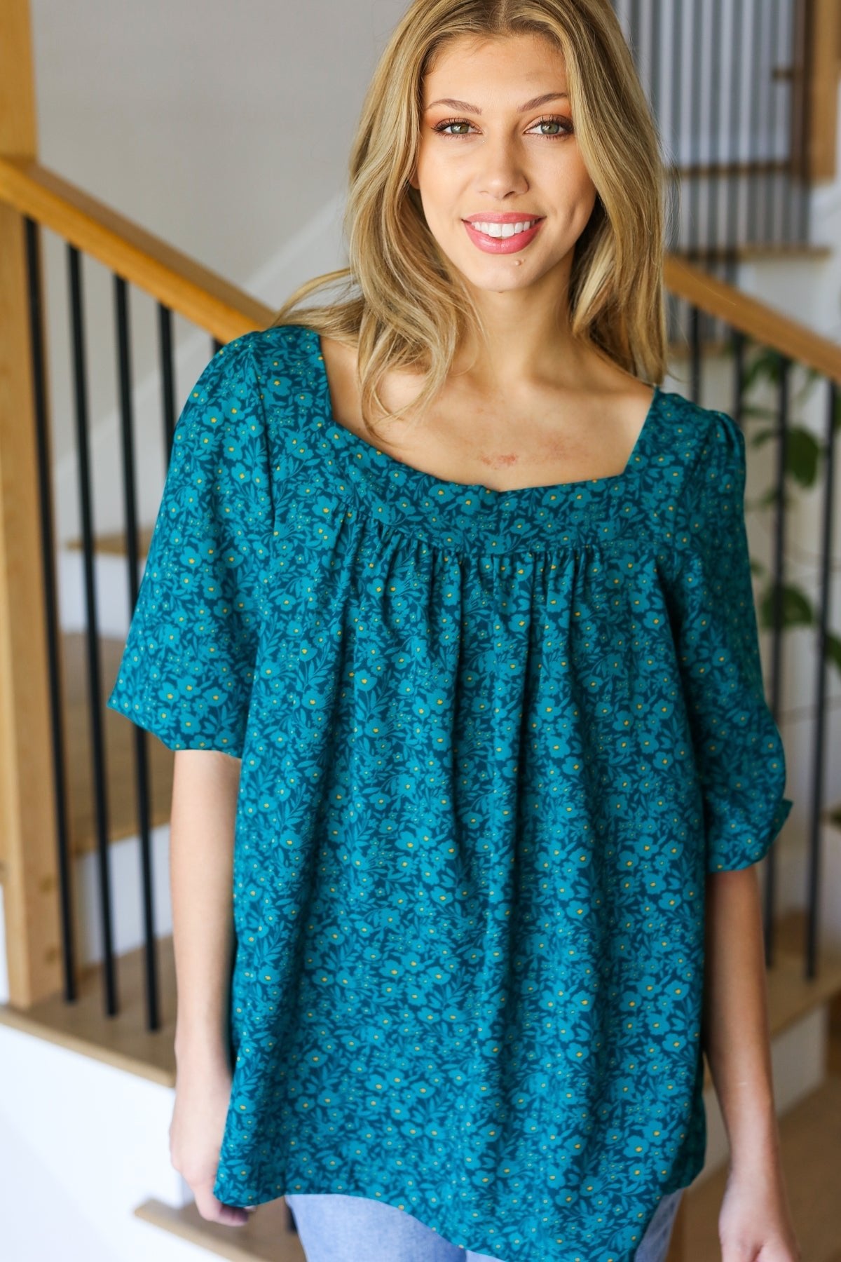 Perfectly You Teal Floral Three Quarter Sleeve Square Neck Top - Bitsy Gypsy Boutique