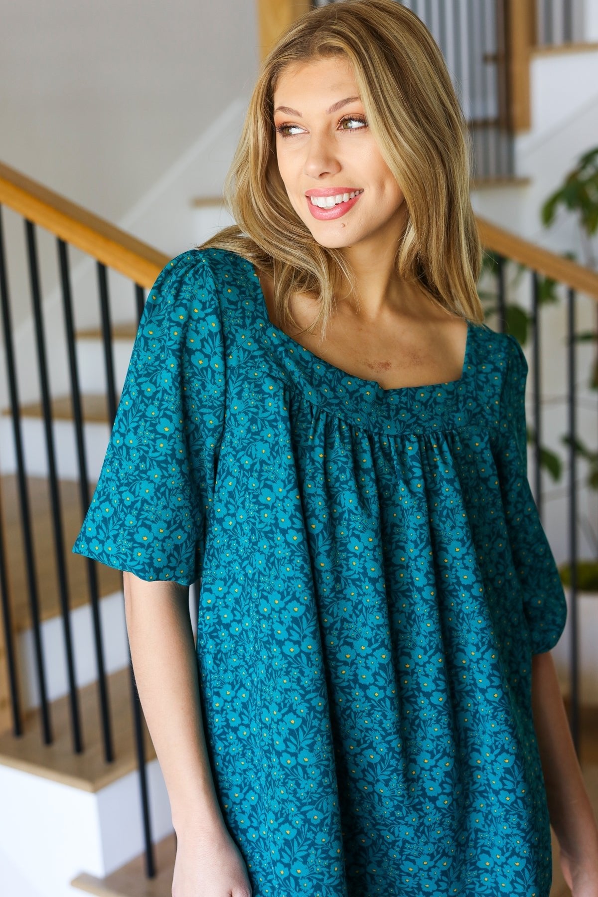 Perfectly You Teal Floral Three Quarter Sleeve Square Neck Top - Bitsy Gypsy Boutique