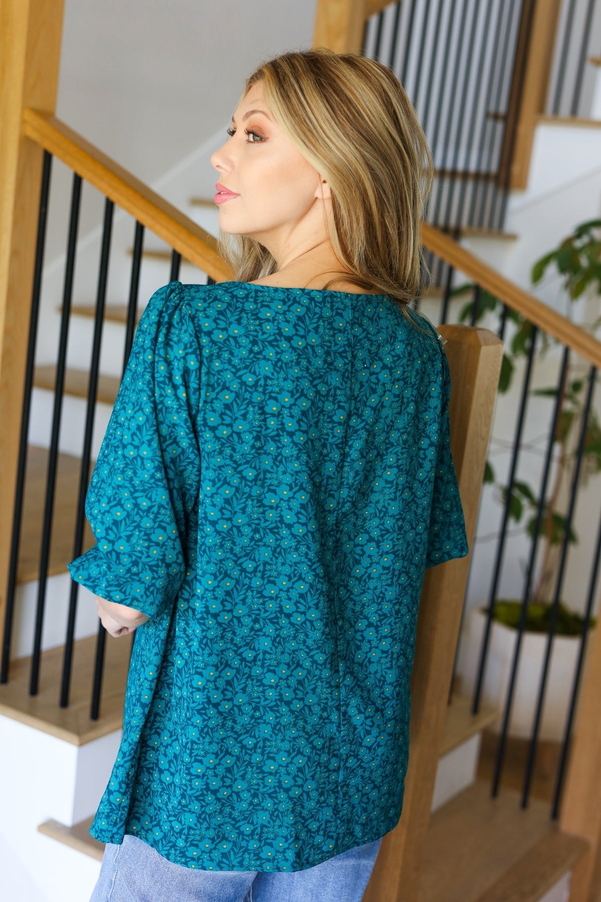 Perfectly You Teal Floral Three Quarter Sleeve Square Neck Top - Bitsy Gypsy Boutique