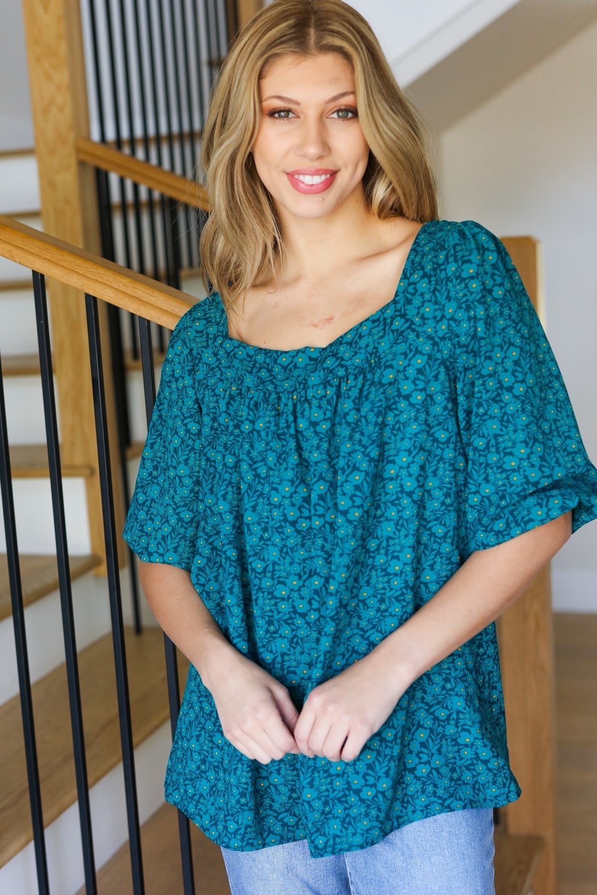 Perfectly You Teal Floral Three Quarter Sleeve Square Neck Top - Bitsy Gypsy Boutique