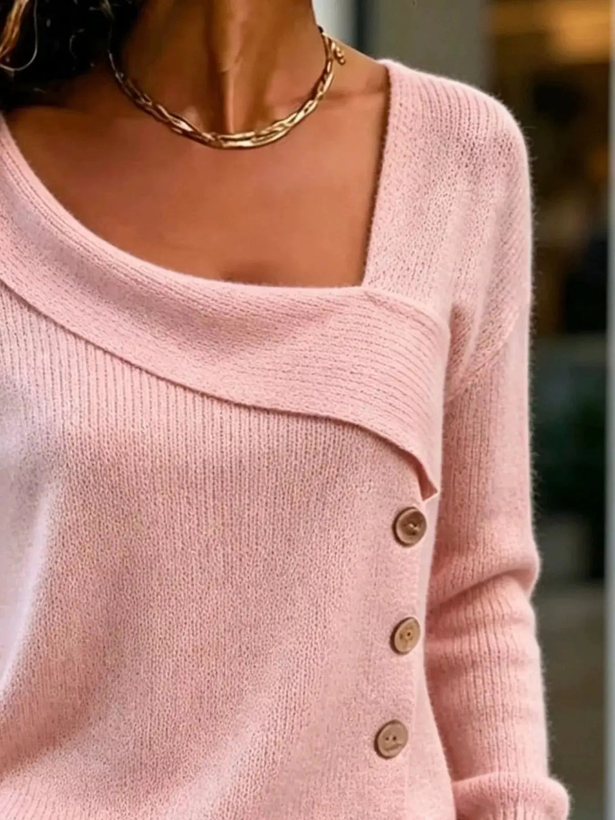 Pink Asymmetric Button Long Sleeve Sweater - Bitsy Gypsy Boutique