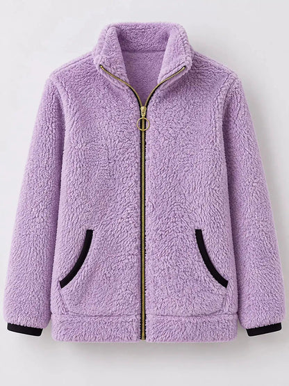 Pink Fleece Zip-Up Jacket With Contrast Trim - Bitsy Gypsy Boutique