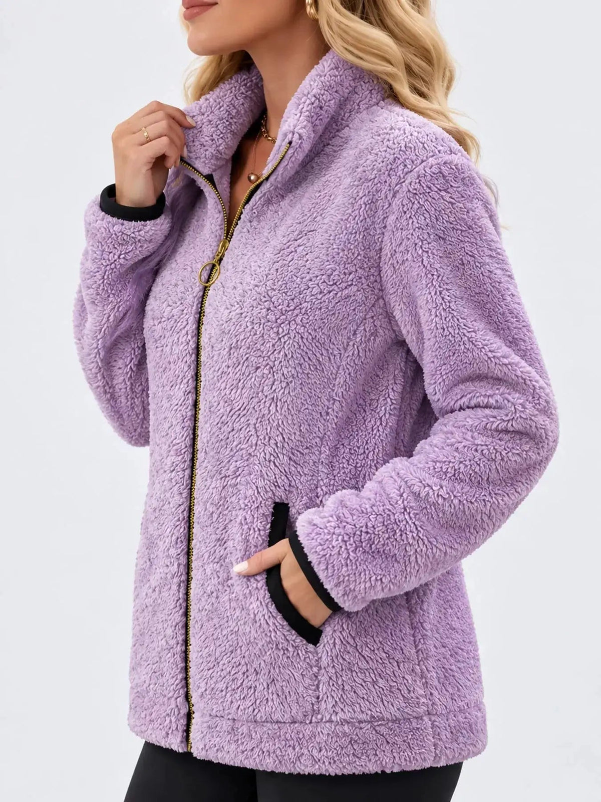 Pink Fleece Zip-Up Jacket With Contrast Trim - Bitsy Gypsy Boutique