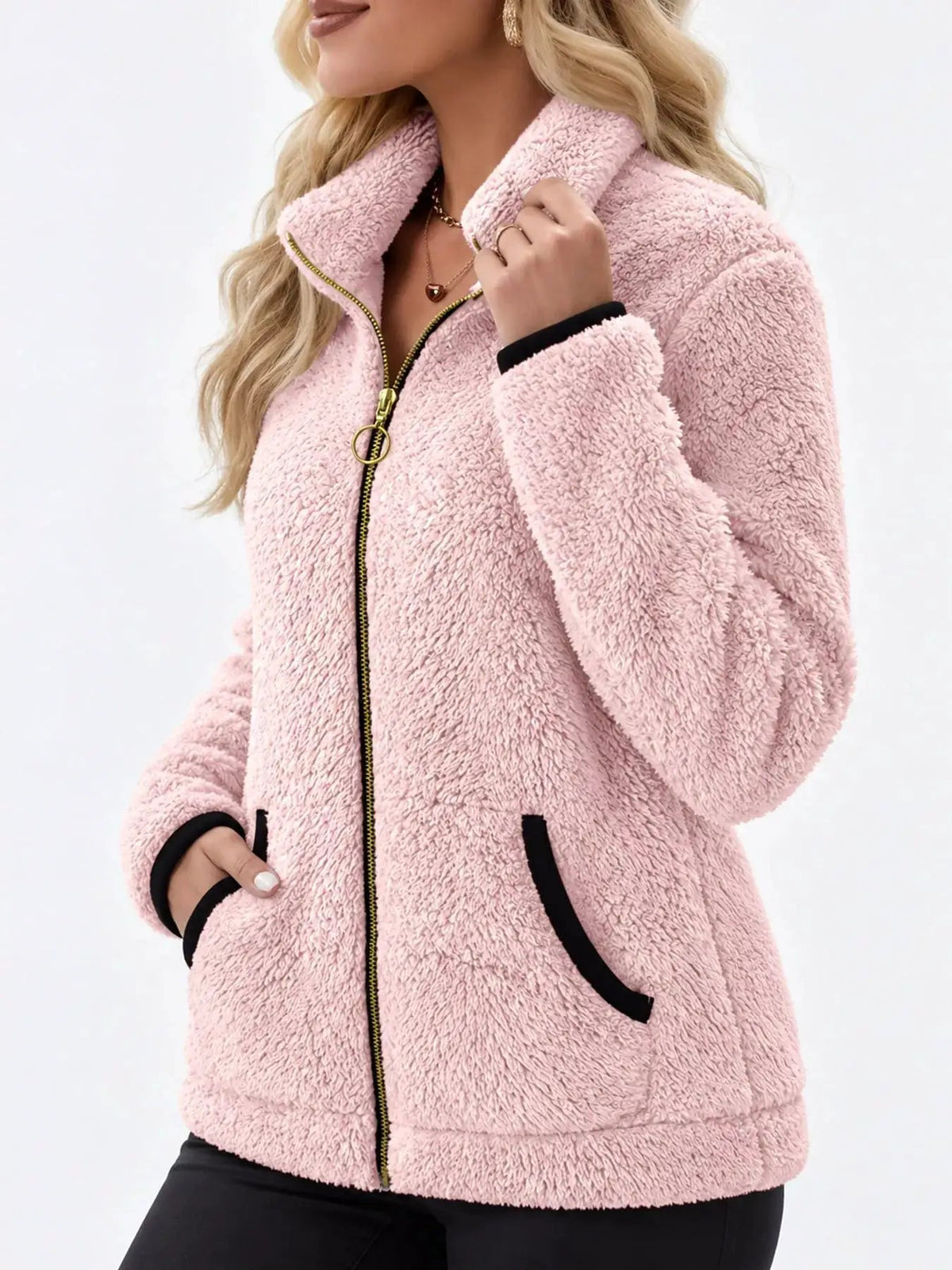Pink Fleece Zip-Up Jacket With Contrast Trim - Bitsy Gypsy Boutique
