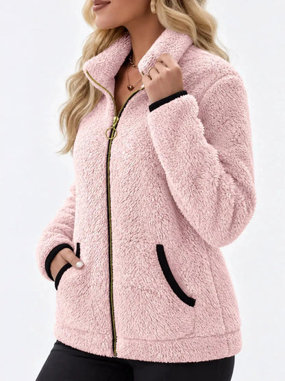 Pink Fleece Zip-Up Jacket With Contrast Trim - Bitsy Gypsy Boutique