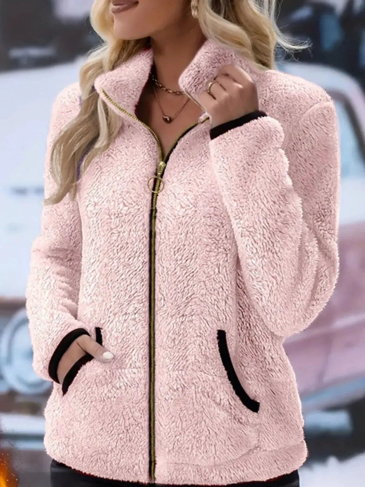 Pink Fleece Zip-Up Jacket With Contrast Trim - Bitsy Gypsy Boutique