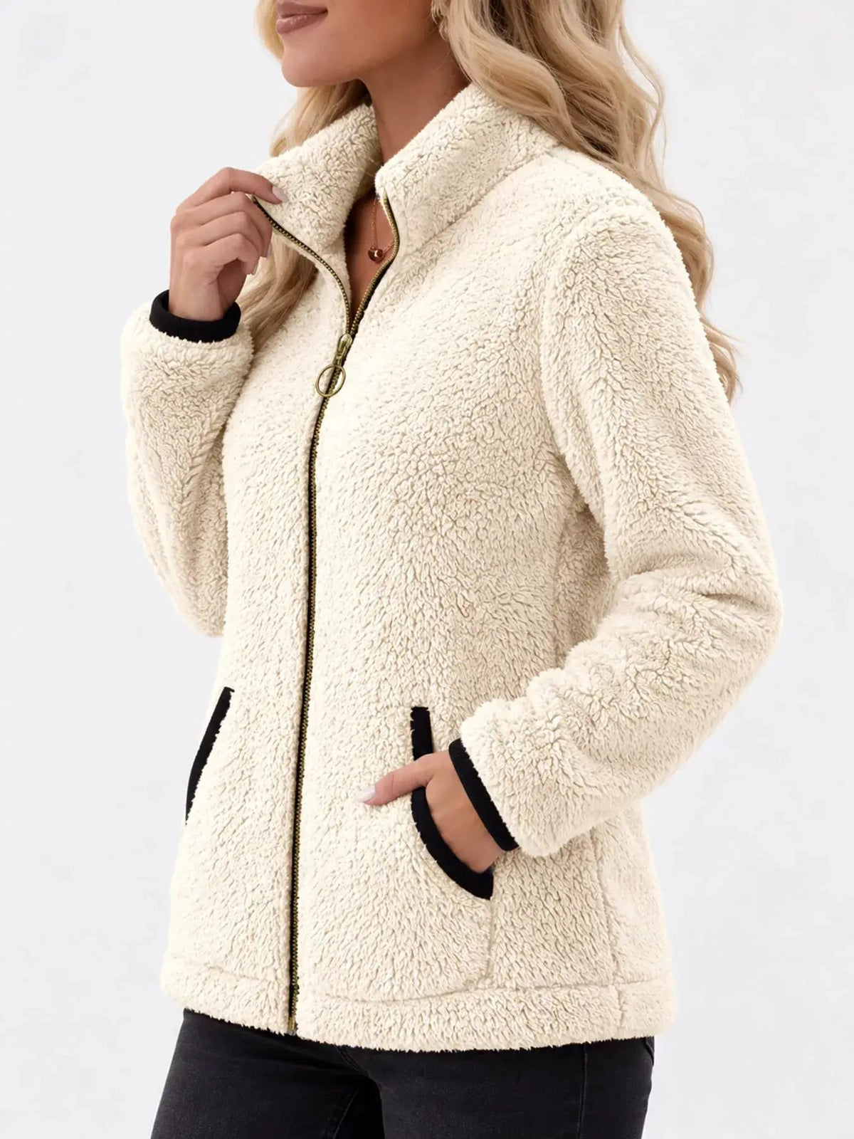 Pink Fleece Zip-Up Jacket With Contrast Trim - Bitsy Gypsy Boutique