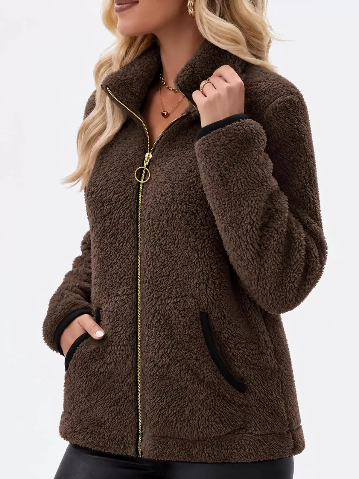 Pink Fleece Zip-Up Jacket With Contrast Trim - Bitsy Gypsy Boutique