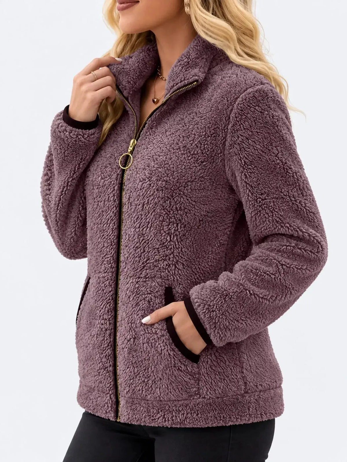 Pink Fleece Zip-Up Jacket With Contrast Trim - Bitsy Gypsy Boutique