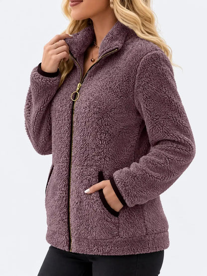 Pink Fleece Zip-Up Jacket With Contrast Trim - Bitsy Gypsy Boutique