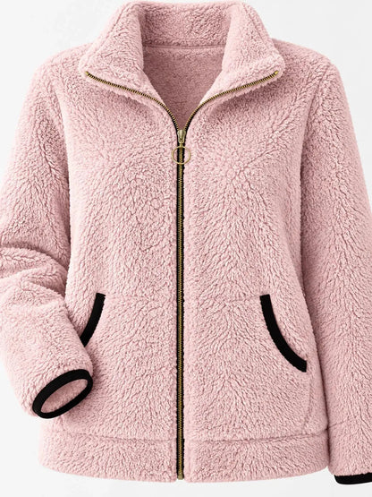 Pink Fleece Zip-Up Jacket With Contrast Trim - Bitsy Gypsy Boutique