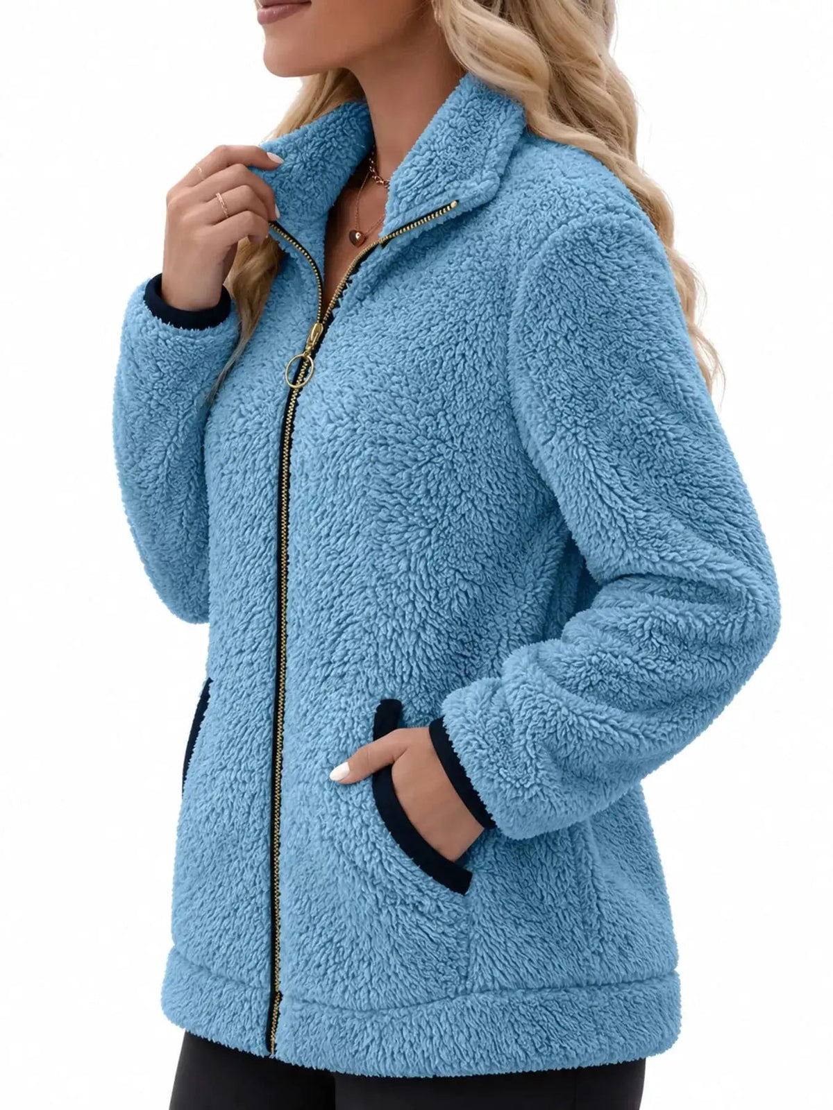 Pink Fleece Zip-Up Jacket With Contrast Trim - Bitsy Gypsy Boutique