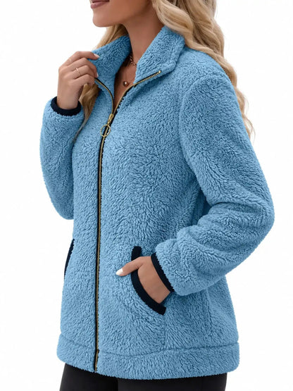 Pink Fleece Zip-Up Jacket With Contrast Trim - Bitsy Gypsy Boutique